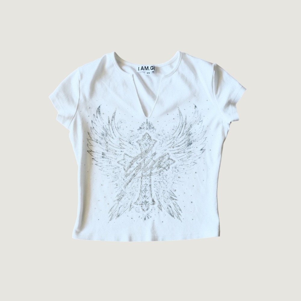 I.AM.GIA Top Rhinestone Cross Wings Graphic Baby Tee White Cotton XS Y2K Cyber